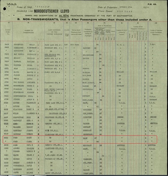 Henry Ford ship passenger list